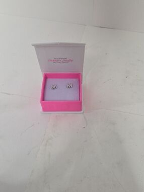 Initial 'M' Cubic Zirconia Stud Earrings - Silver Tone with Pink Accents